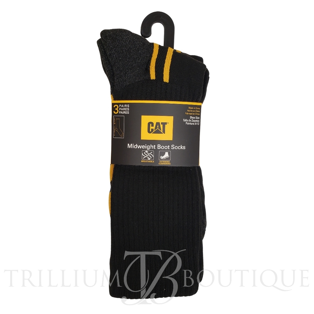 CAT Caterpillar Men's Half Cushion Crew Logo Socks Black 3 Pairs US 8-12 NWT